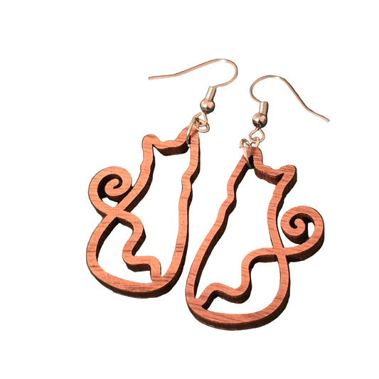 Earrings Laser Cut Wooden Cat Earrings with Heart Tail or Curl Tail • Lightweight Handmade Jewelry