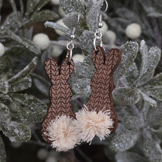 Knit Pattern Wooden Bunny Earrings w/ Fluffy Tail • Cute Lightweight Jewelry