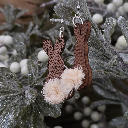 Knit Pattern Wooden Bunny Earrings w/ Fluffy Tail • Cute Lightweight Jewelry