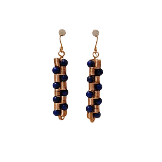 Handmade Copper Coil Bead Earrings – Artisan Dangle Jewelry with Blue Beads