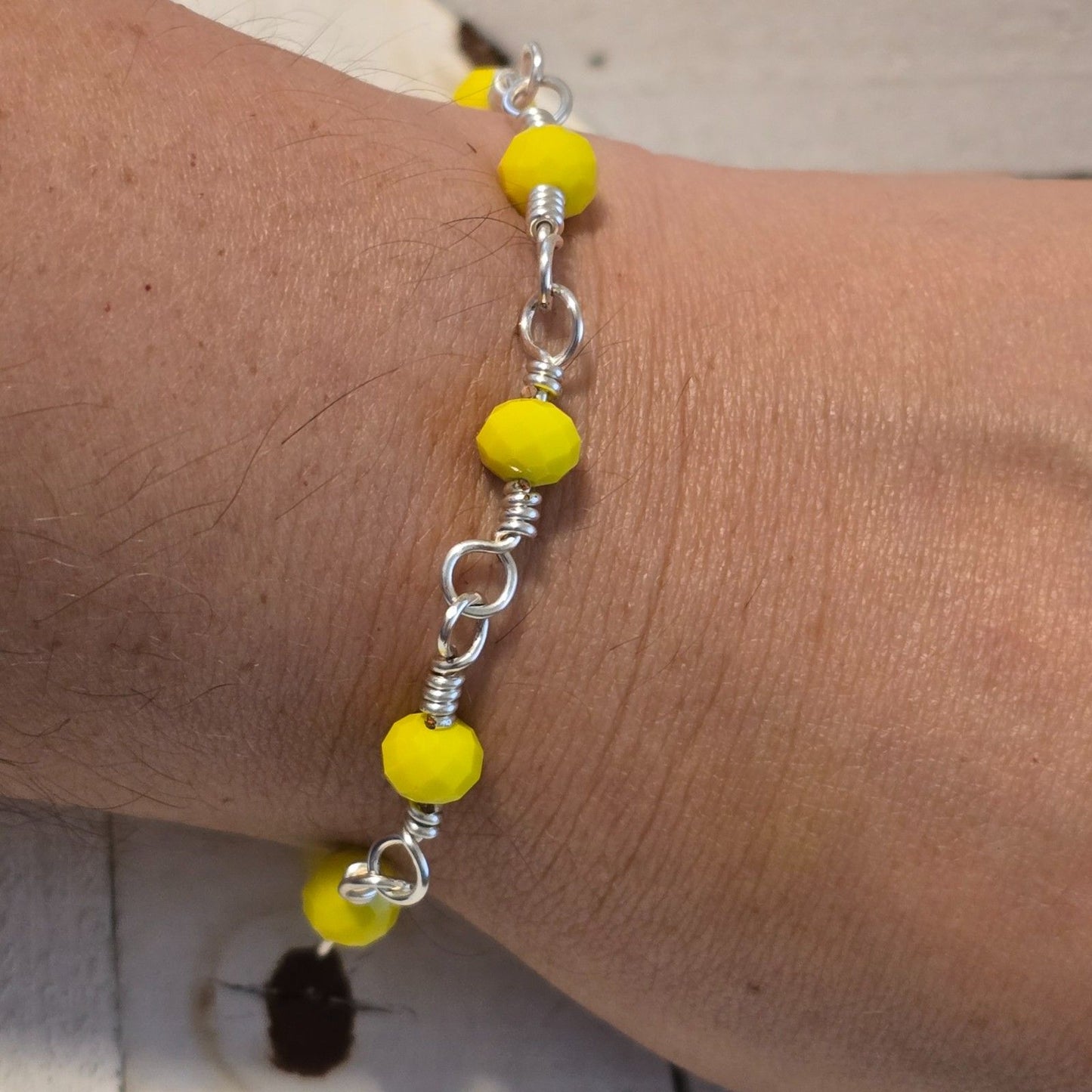 Handmade Yellow Bead Silver Tone Chain Bracelet – Bright & Modern Jewelry