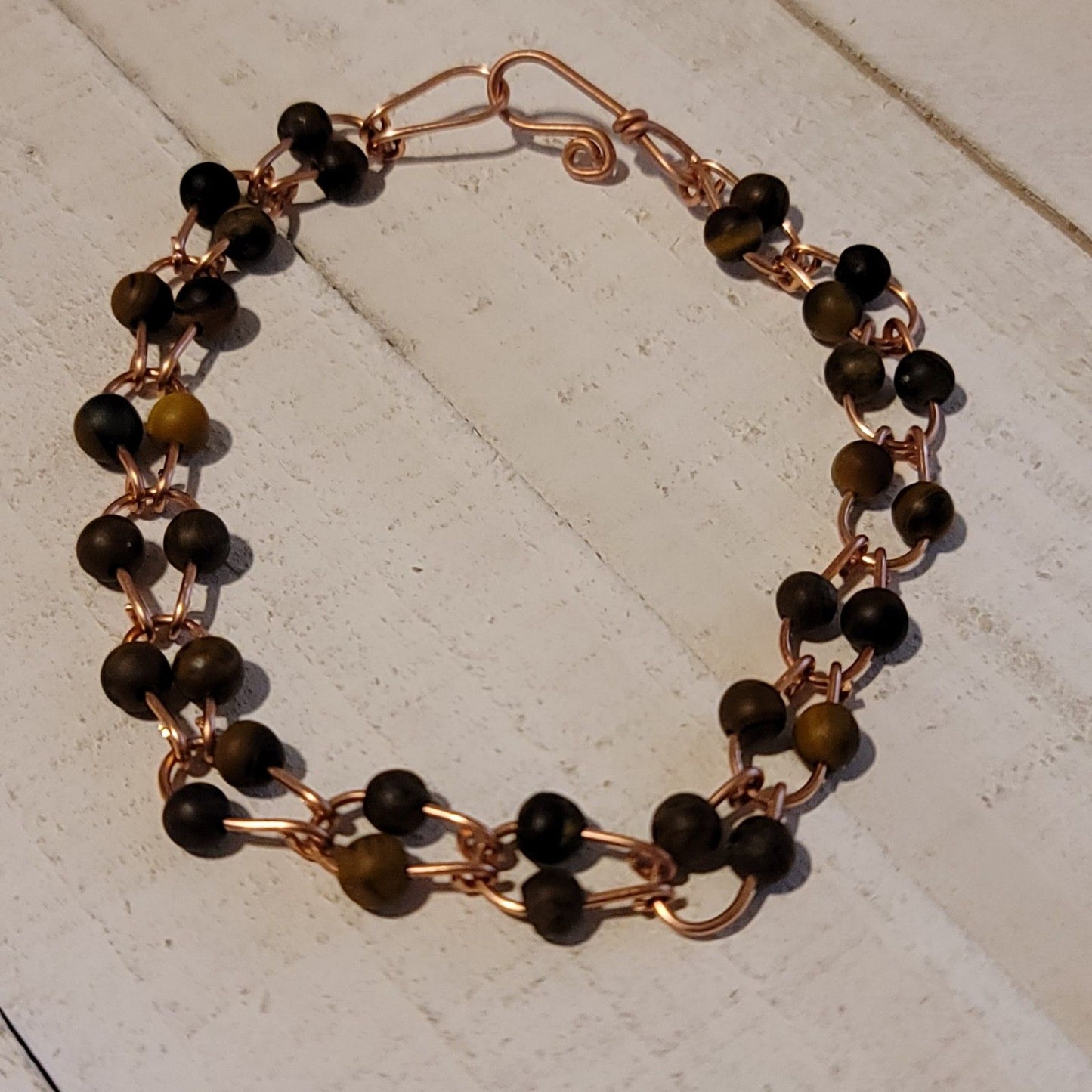 Handmade Copper Horseshoe Link Bracelet with Tiger’s Eye Beads