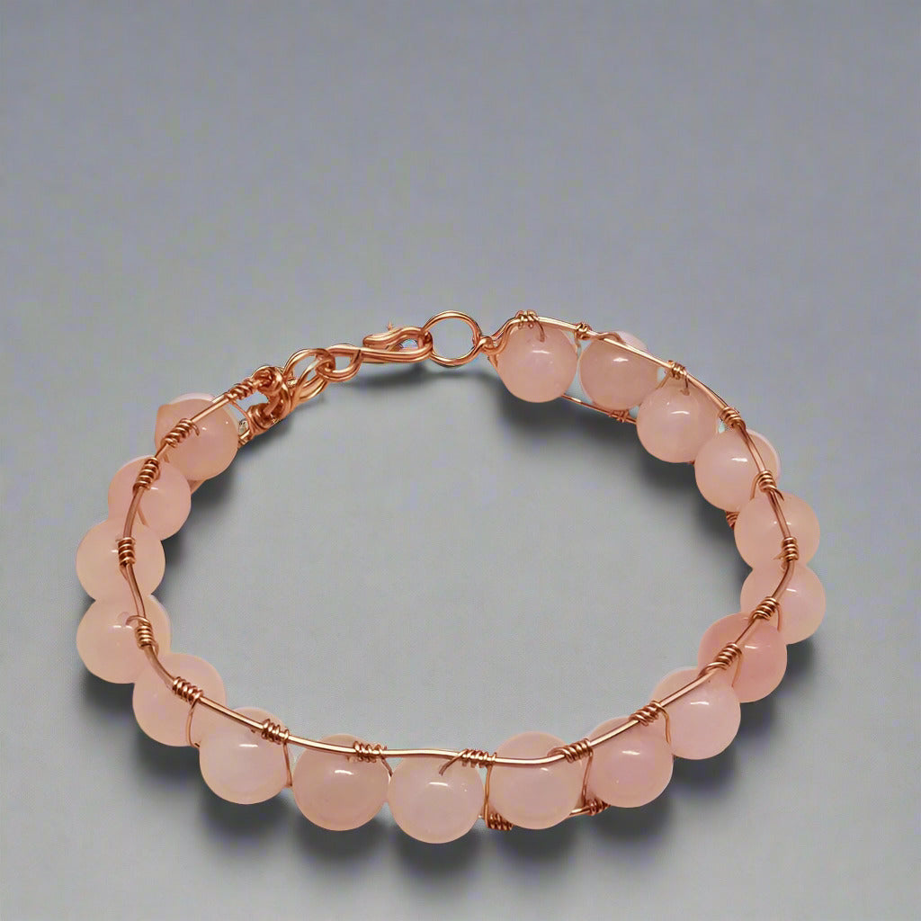 Handmade Rose Quartz Wire Wrapped Bracelet Copper Tone Healing Jewelry
