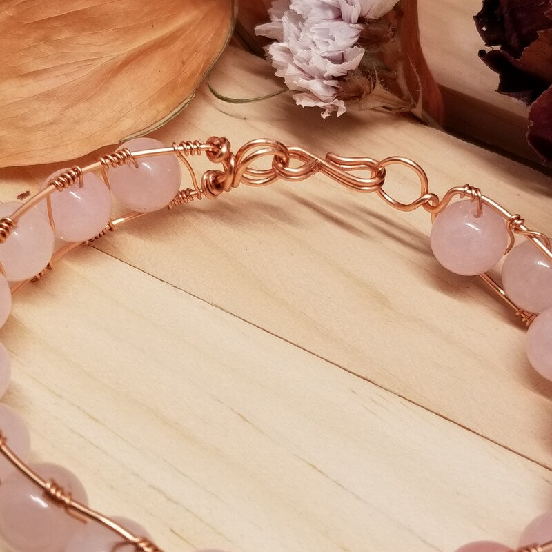 Handmade Rose Quartz Wire Wrapped Bracelet Copper Tone Healing Jewelry