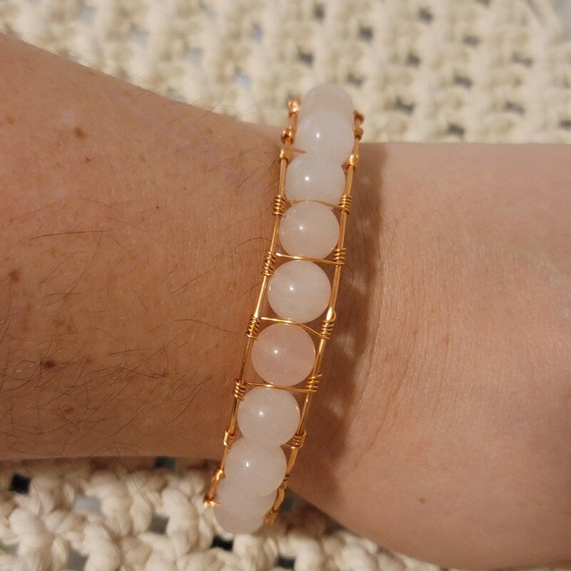 Handmade Rose Quartz Wire Wrapped Bracelet Copper Tone Healing Jewelry