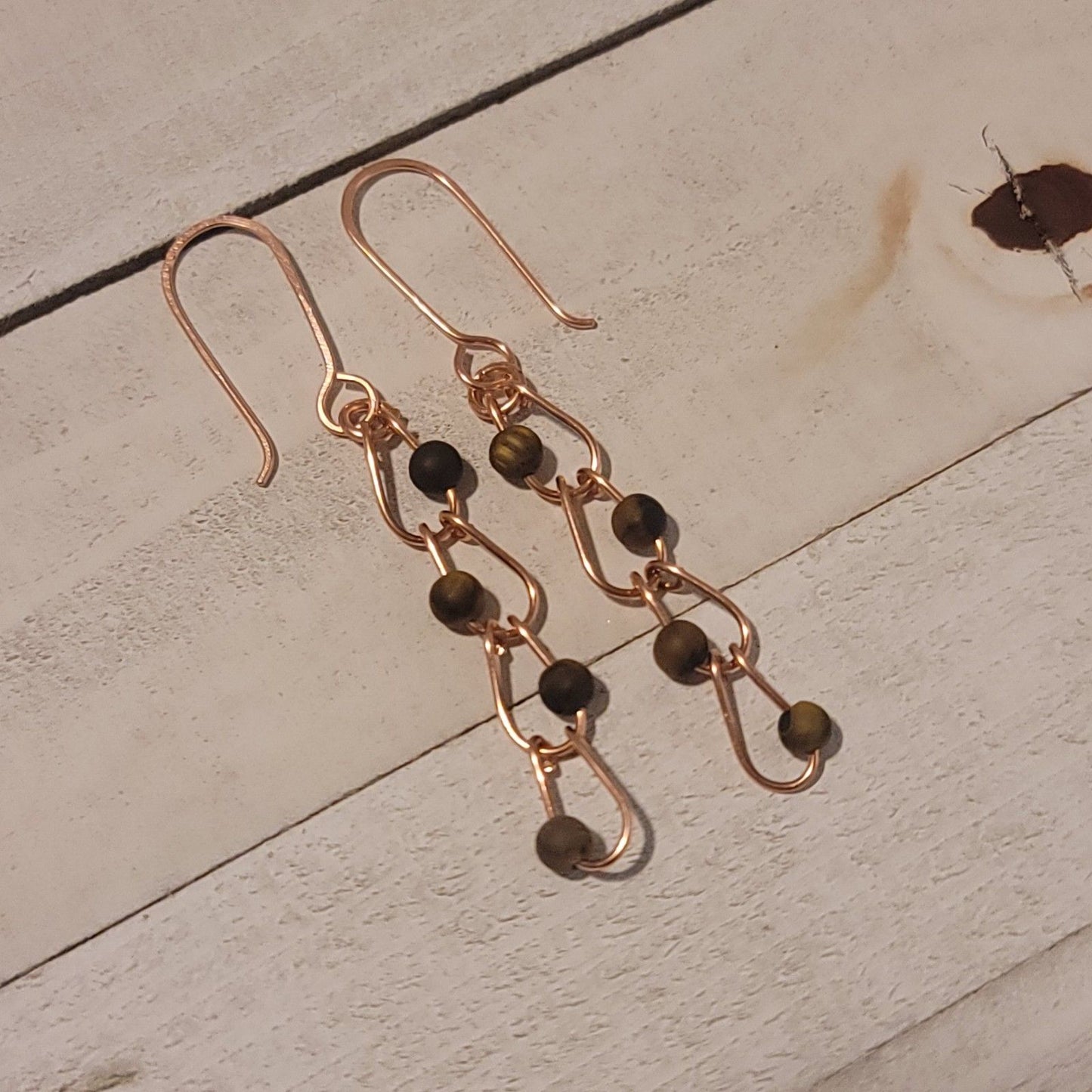 Tiger’s Eye Copper Chain Earrings – Handmade Gemstone Dangle 2.75"