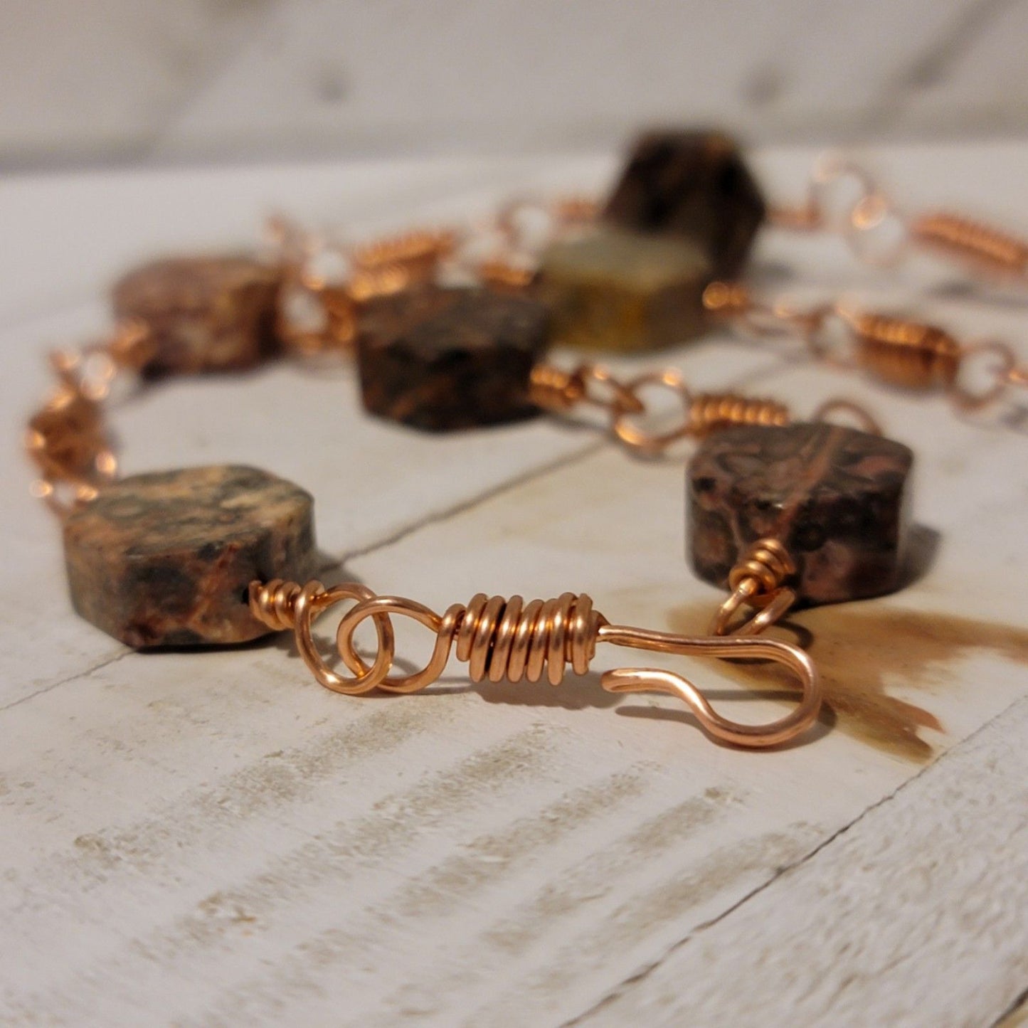 Handmade Raw Jasper Copper Wire Wrapped Bead Link Bracelet
