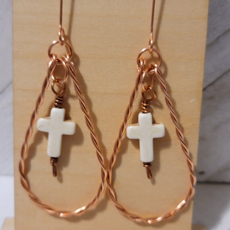 Handmade Copper Teardrop Earrings with White Cross Charm – Faith Jewelry