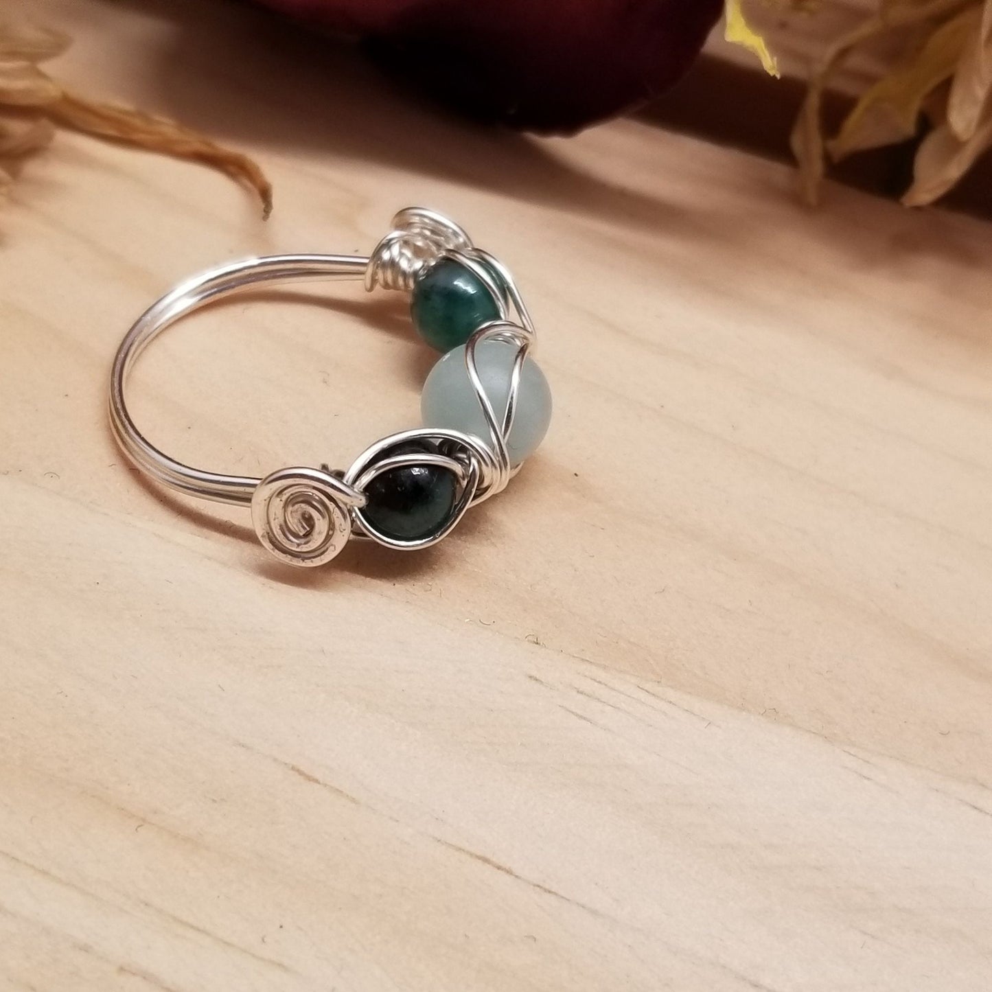 Handmade Wire Wrapped Aquamarine & Emerald Ring – Silver Tone Band