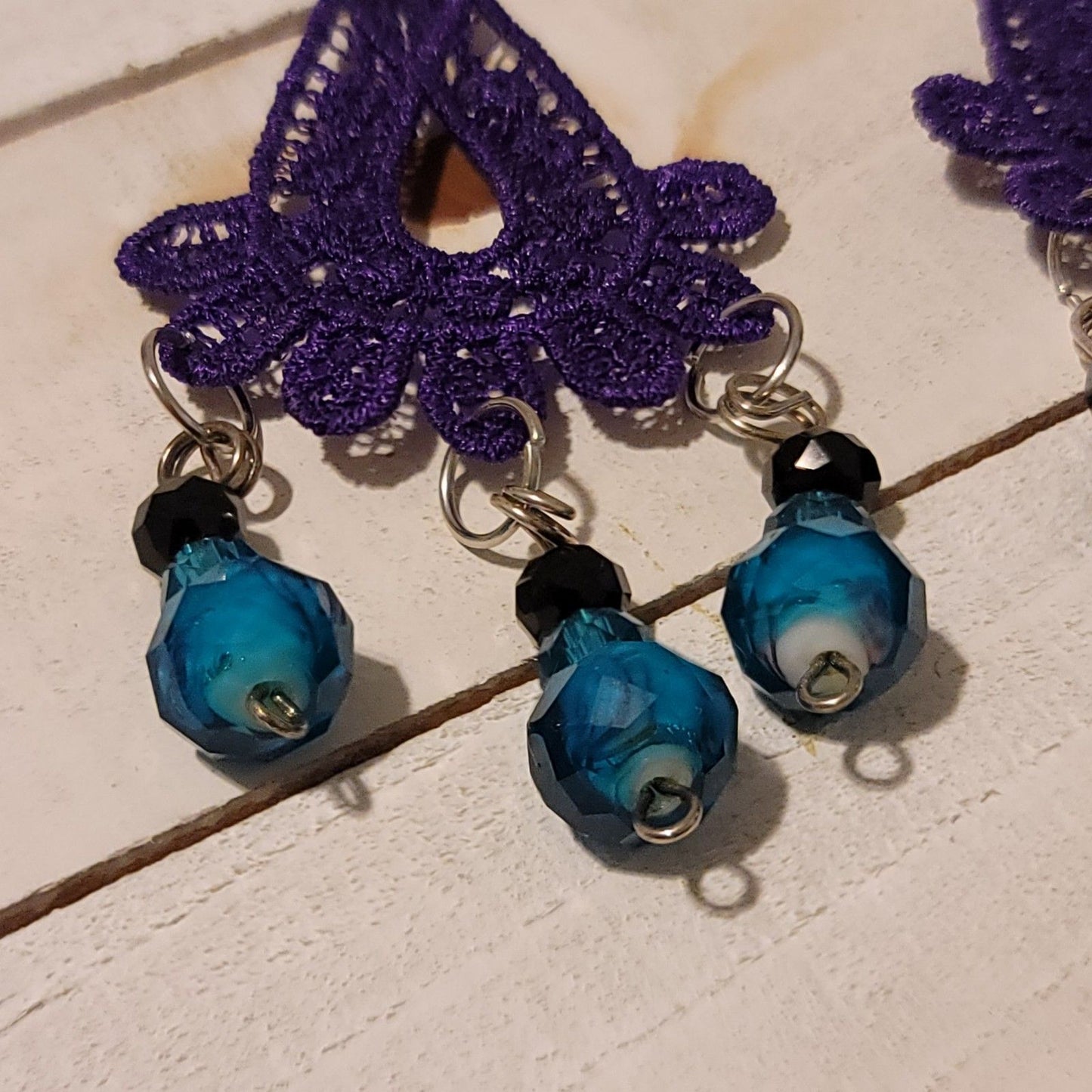 Handmade Purple Lace Earrings with Blue Bead Dangles