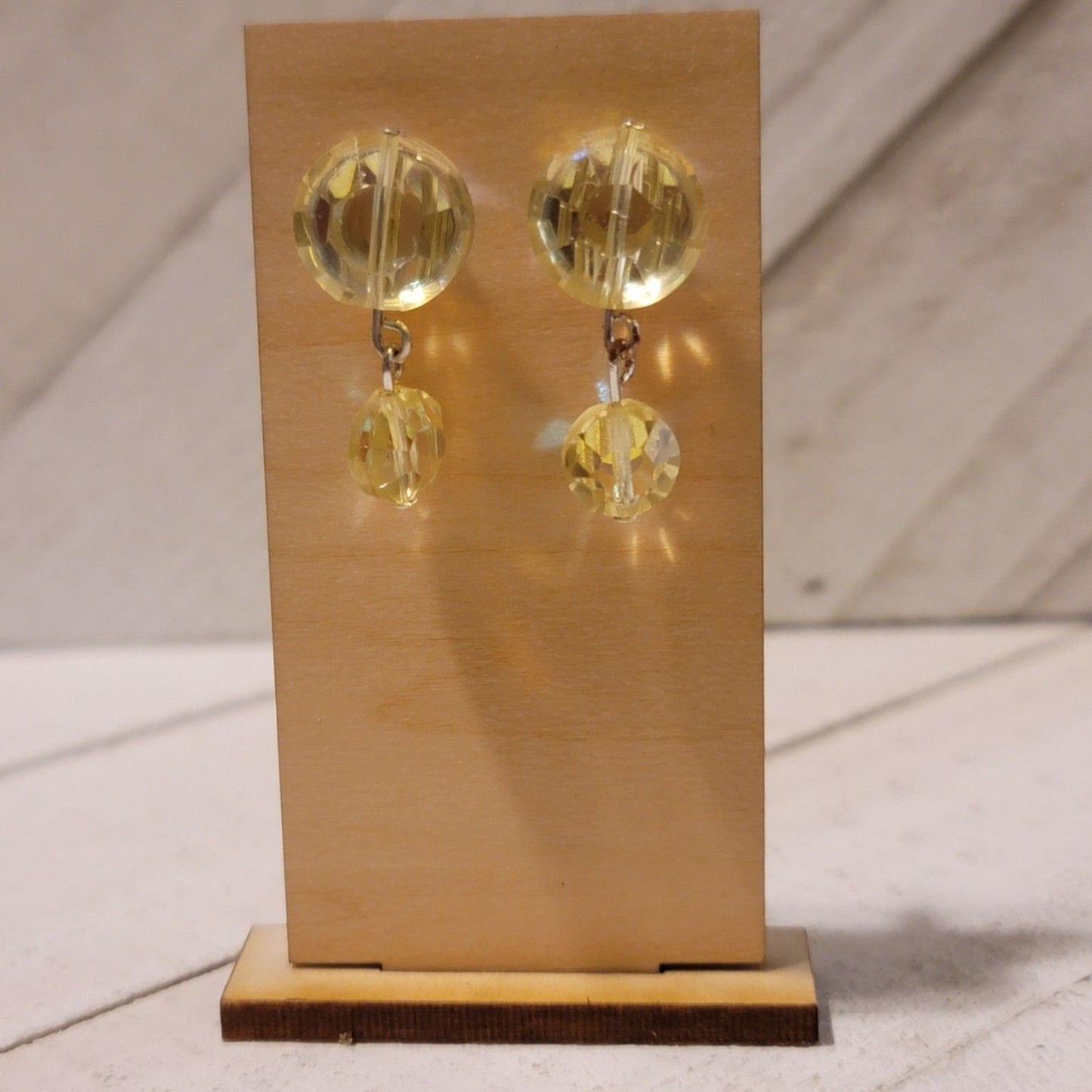 Yellow Aurora Borealis Drop Earrings • Vintage Faceted Bead Dangle Jewelry