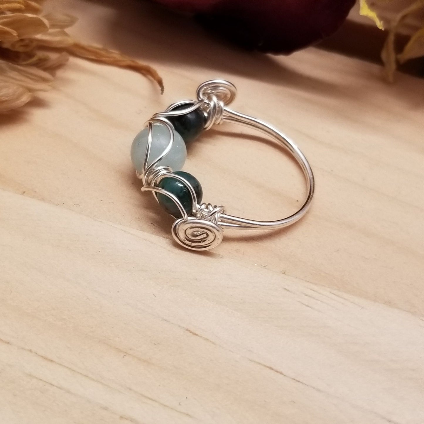 Handmade Wire Wrapped Aquamarine & Emerald Ring – Silver Tone Band