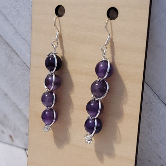 Handmade Amethyst Bead Earrings – Silver Wire Wrapped Dangle Jewelry