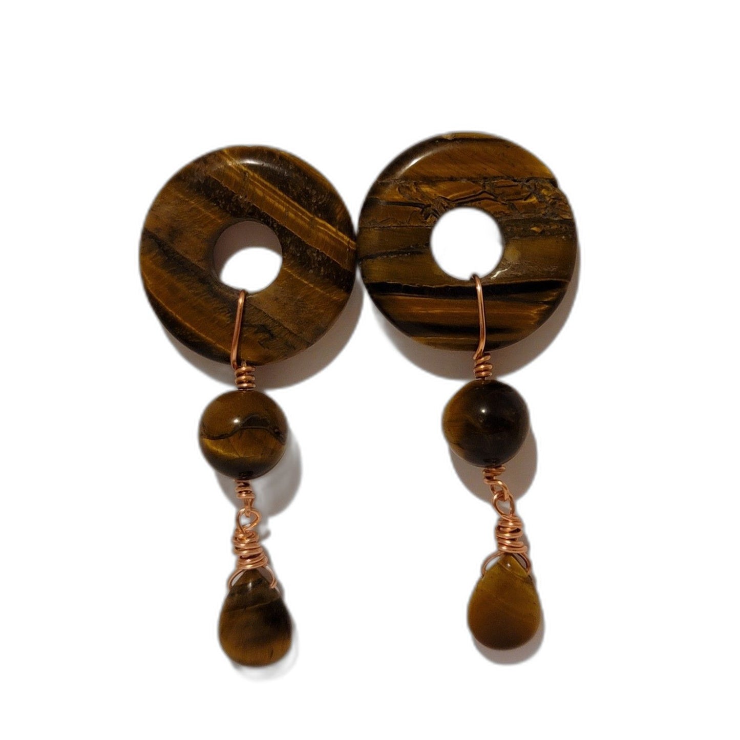 Handmade Tiger’s Eye Donut Dangle Copper Earrings