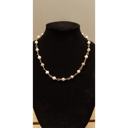 Handmade Agate Bead Chain Necklace – Gold Tone Wire Wrapped Natural Stone