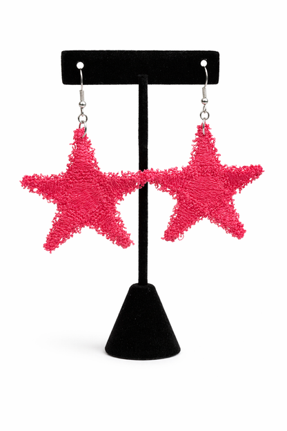Red Statement Star Earrings – Bold Textured Dangle Earrings
