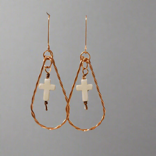 Handmade Copper Teardrop Earrings with White Cross Charm – Faith Jewelry