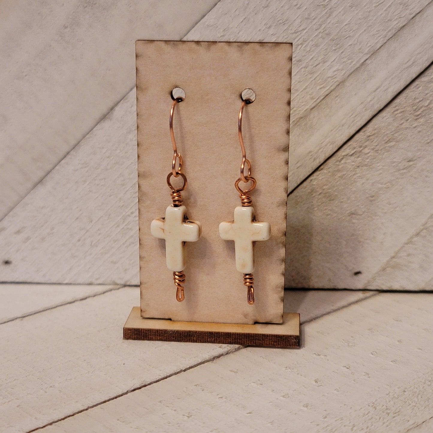 Handmade Dangle Cross Earrings – Reconstituted Howlite with Copper Wire