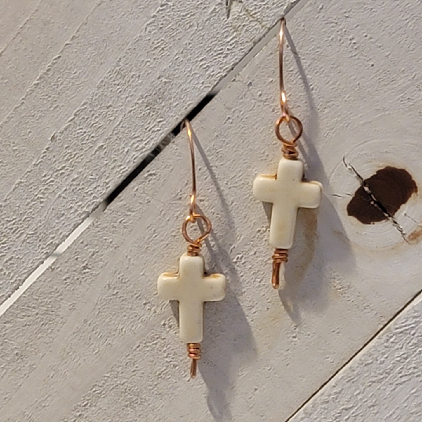 Handmade Dangle Cross Earrings – Reconstituted Howlite with Copper Wire