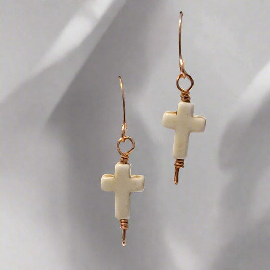 Handmade Dangle Cross Earrings – Reconstituted Howlite with Copper Wire