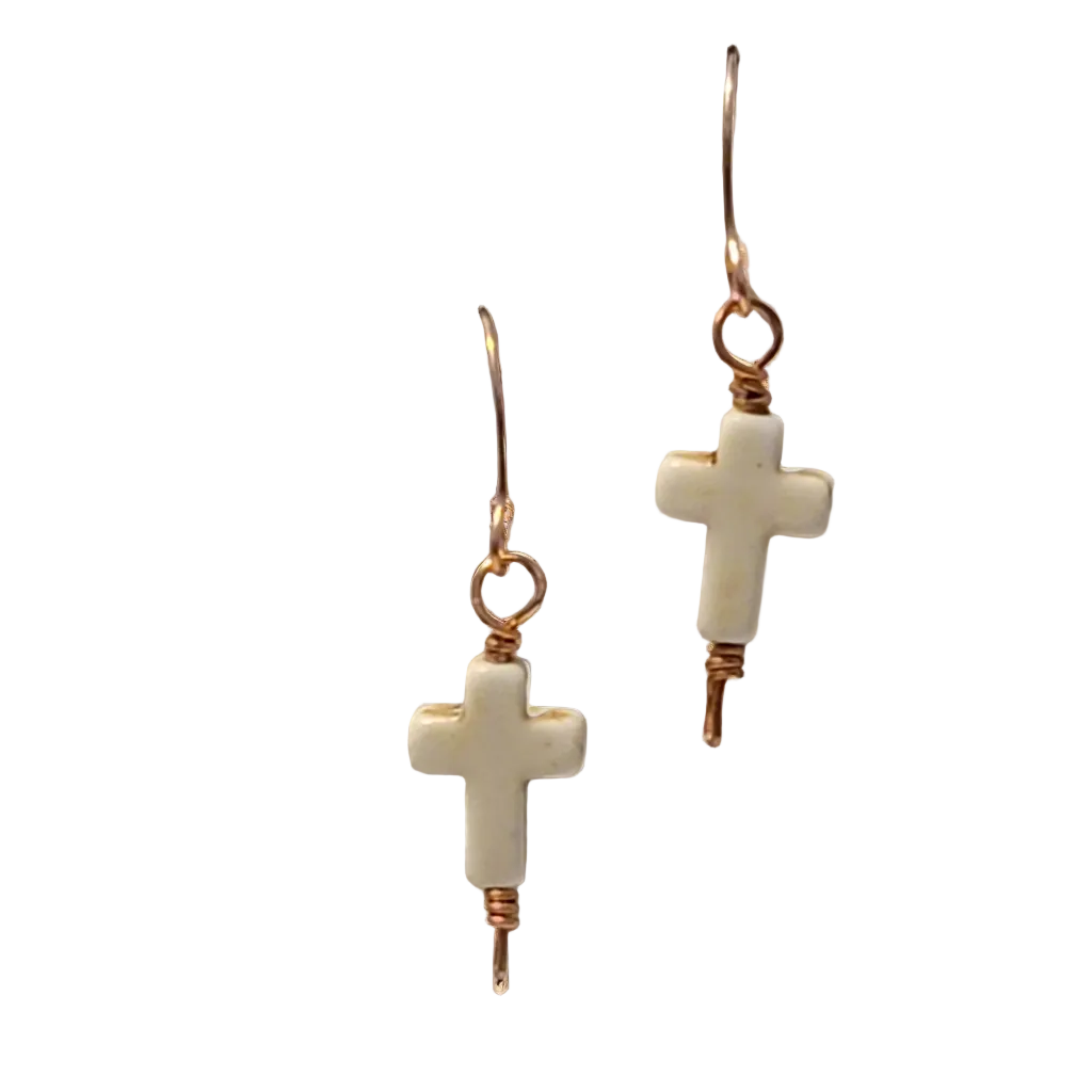 Handmade Dangle Cross Earrings – Reconstituted Howlite with Copper Wire