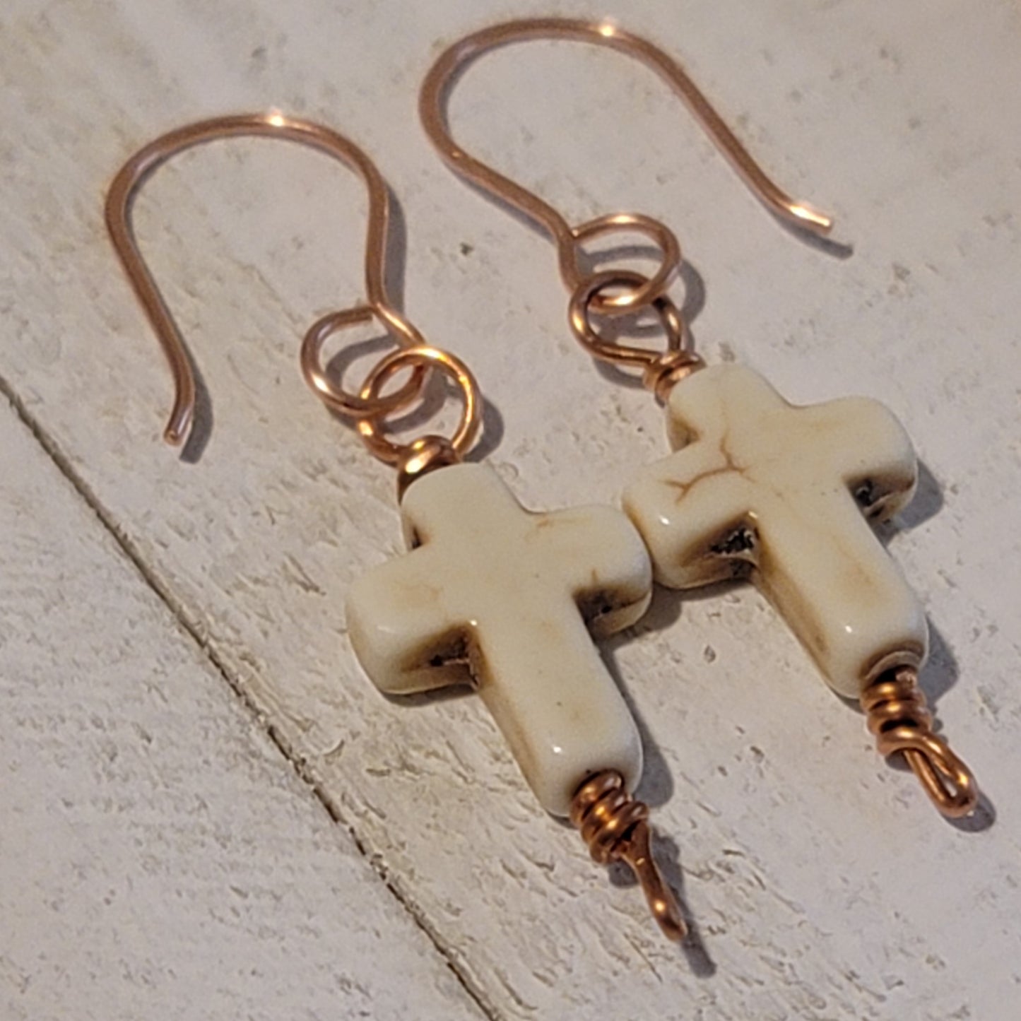 Handmade Dangle Cross Earrings – Reconstituted Howlite with Copper Wire