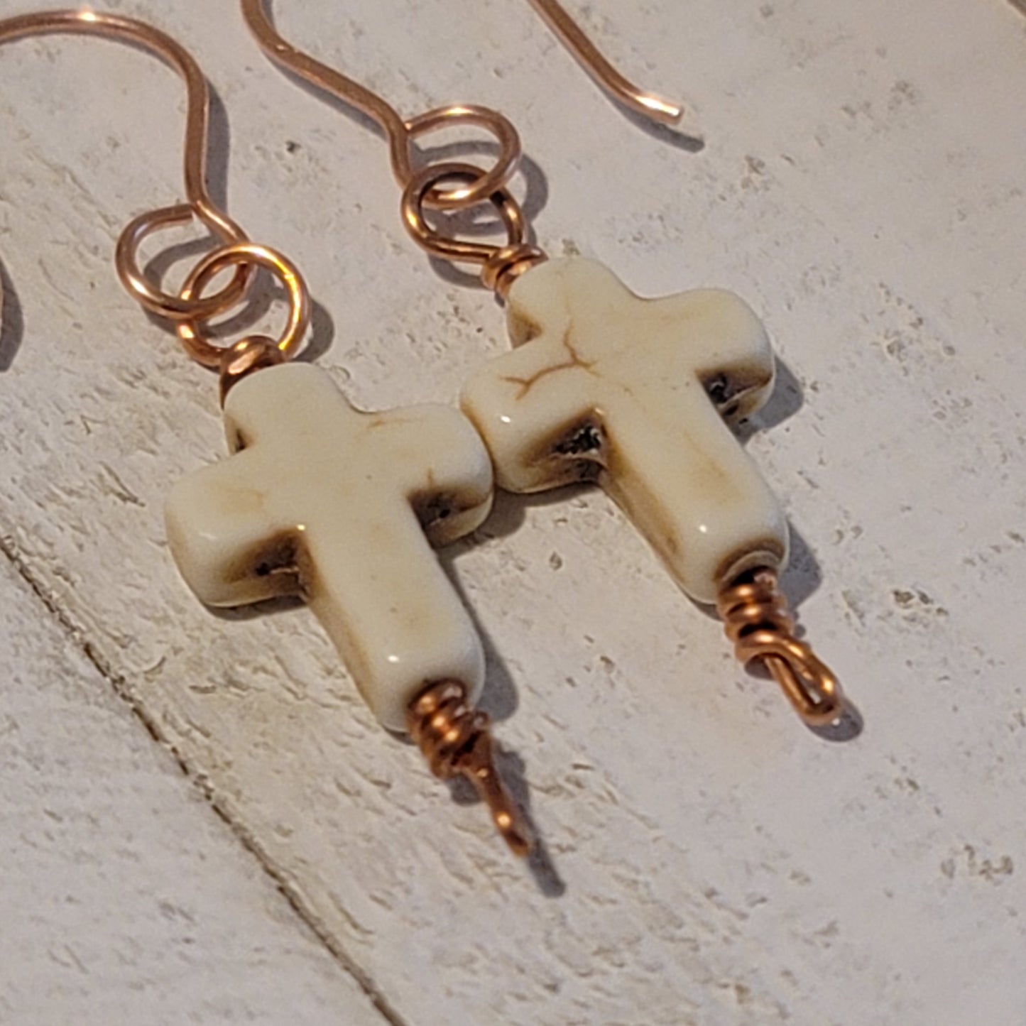 Handmade Dangle Cross Earrings – Reconstituted Howlite with Copper Wire