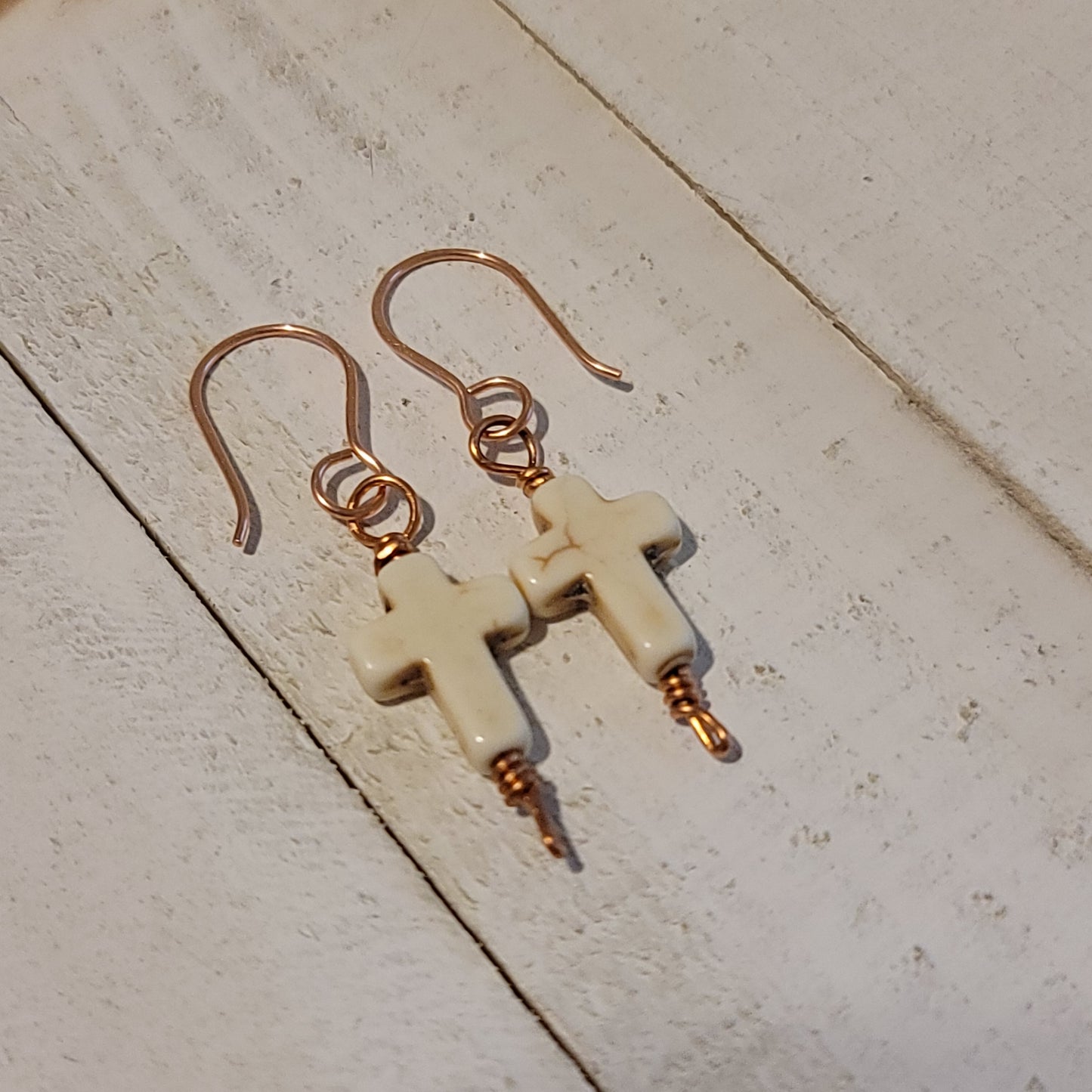 Handmade Dangle Cross Earrings – Reconstituted Howlite with Copper Wire