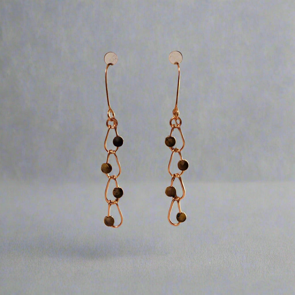 Tiger’s Eye Copper Chain Earrings – Handmade Gemstone Dangle 2.75"