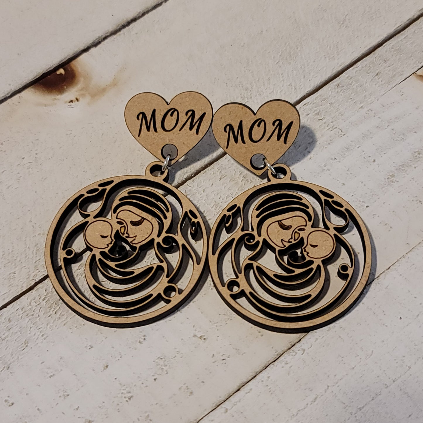 Handmade Wooden “Mom” Dangle Earrings – Mother and Child Design