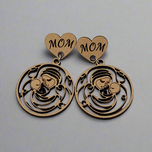 Handmade Wooden “Mom” Dangle Earrings – Mother and Child Design