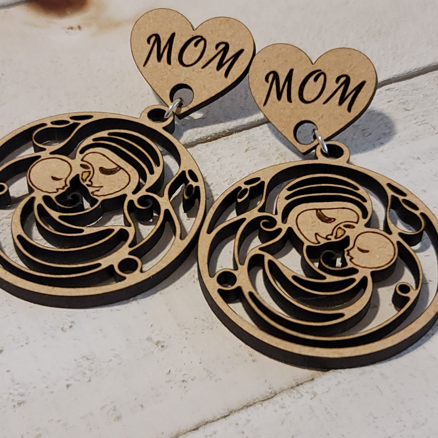 Handmade Wooden “Mom” Dangle Earrings – Mother and Child Design