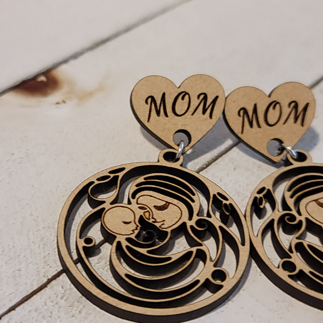 Handmade Wooden “Mom” Dangle Earrings – Mother and Child Design