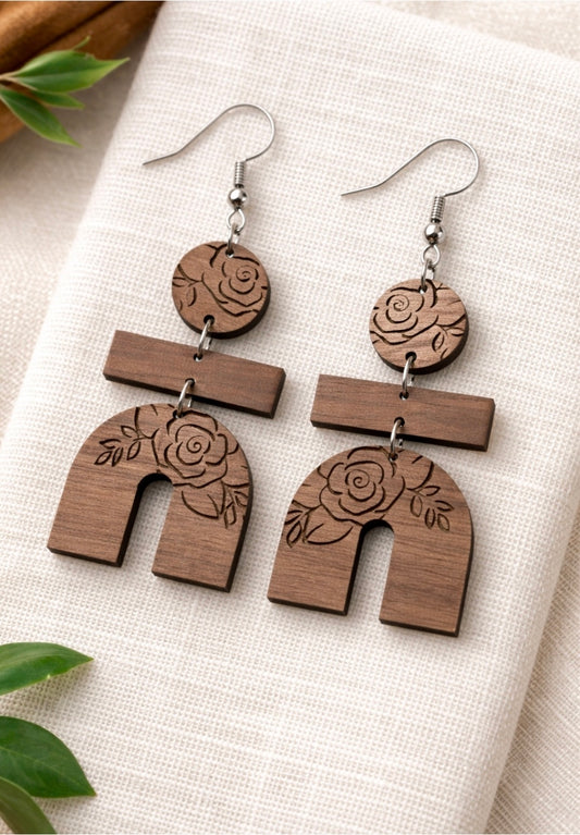 Walnut Rose Arch Earrings | Laser Engraved Floral Wood Statement Dangles