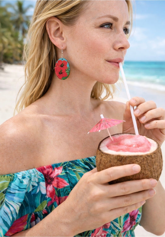 Hand Painted Tropical Floral Earrings | Teal Wood Hibiscus Dangle Earrings