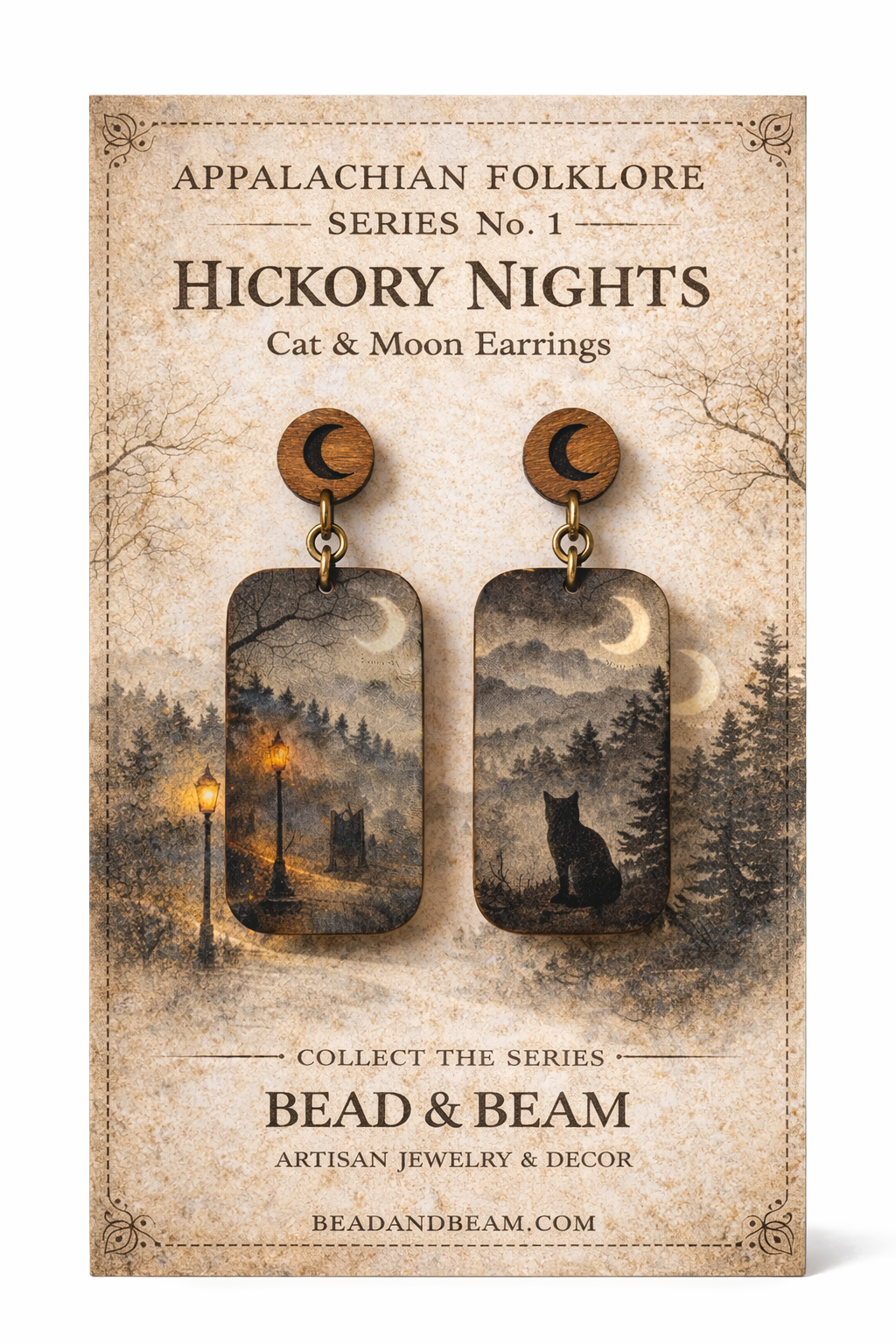 Appalachian Folklore Series 1 Earrings – Hickory Cat & Moon Dangles