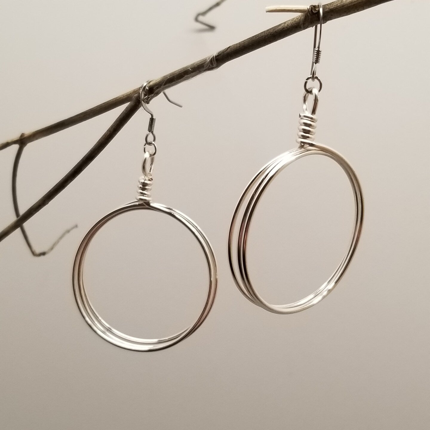 Silver hoop earrings hanging from a branch on a neutral background