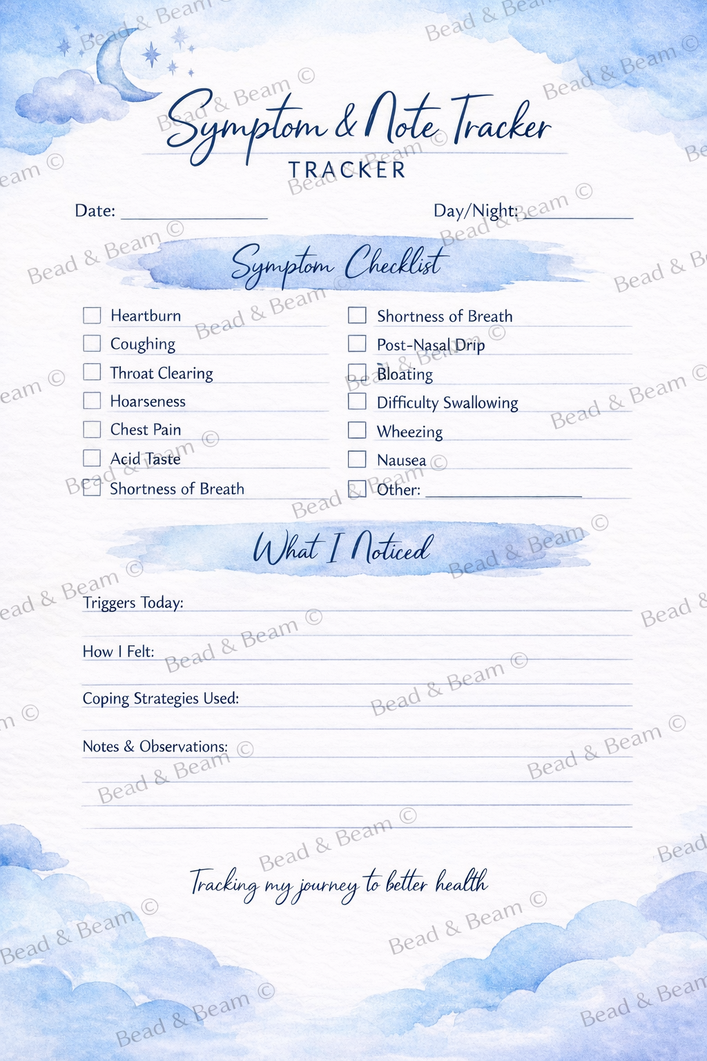 Symptom and note tracker with watercolor design on a white background