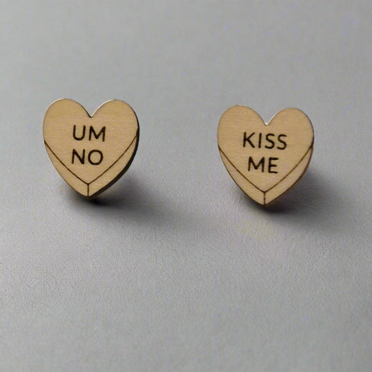 Handmade Wooden Heart Stud Earrings – Valentine’s “Hug Me” Candy Design