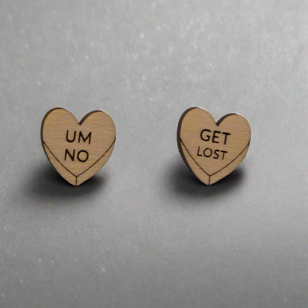 Handmade Wooden Heart Stud Earrings – Valentine’s “Hug Me” Candy Design