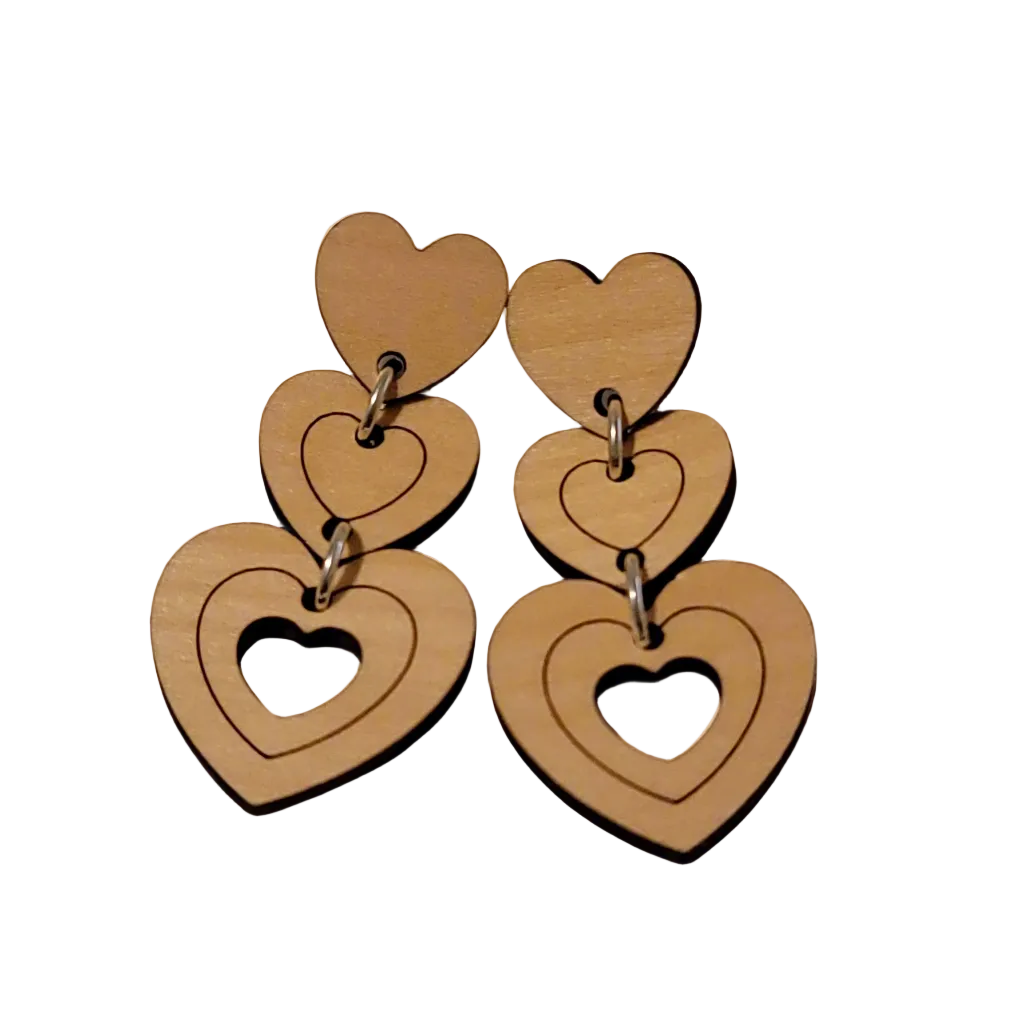 Handmade Wooden Heart Dangle Earrings – 2" Drop Statement Jewelry