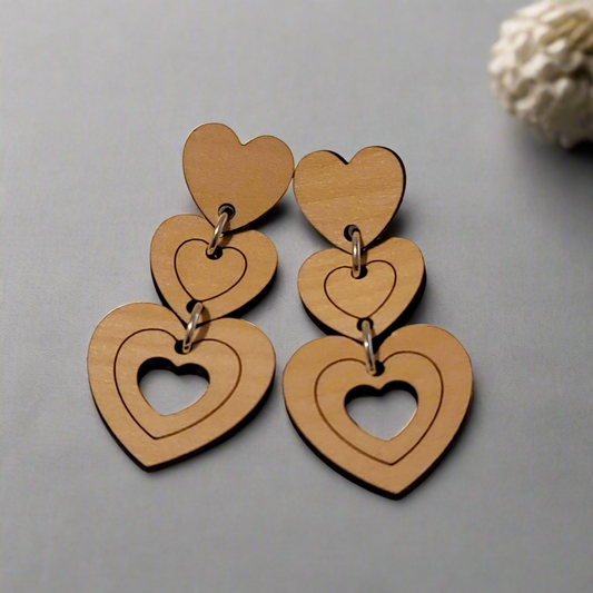 Handmade Wooden Heart Dangle Earrings – 2" Drop Statement Jewelry