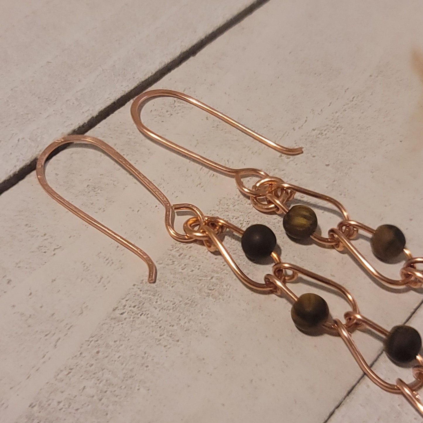 Tiger’s Eye Copper Chain Earrings – Handmade Gemstone Dangle 2.75"