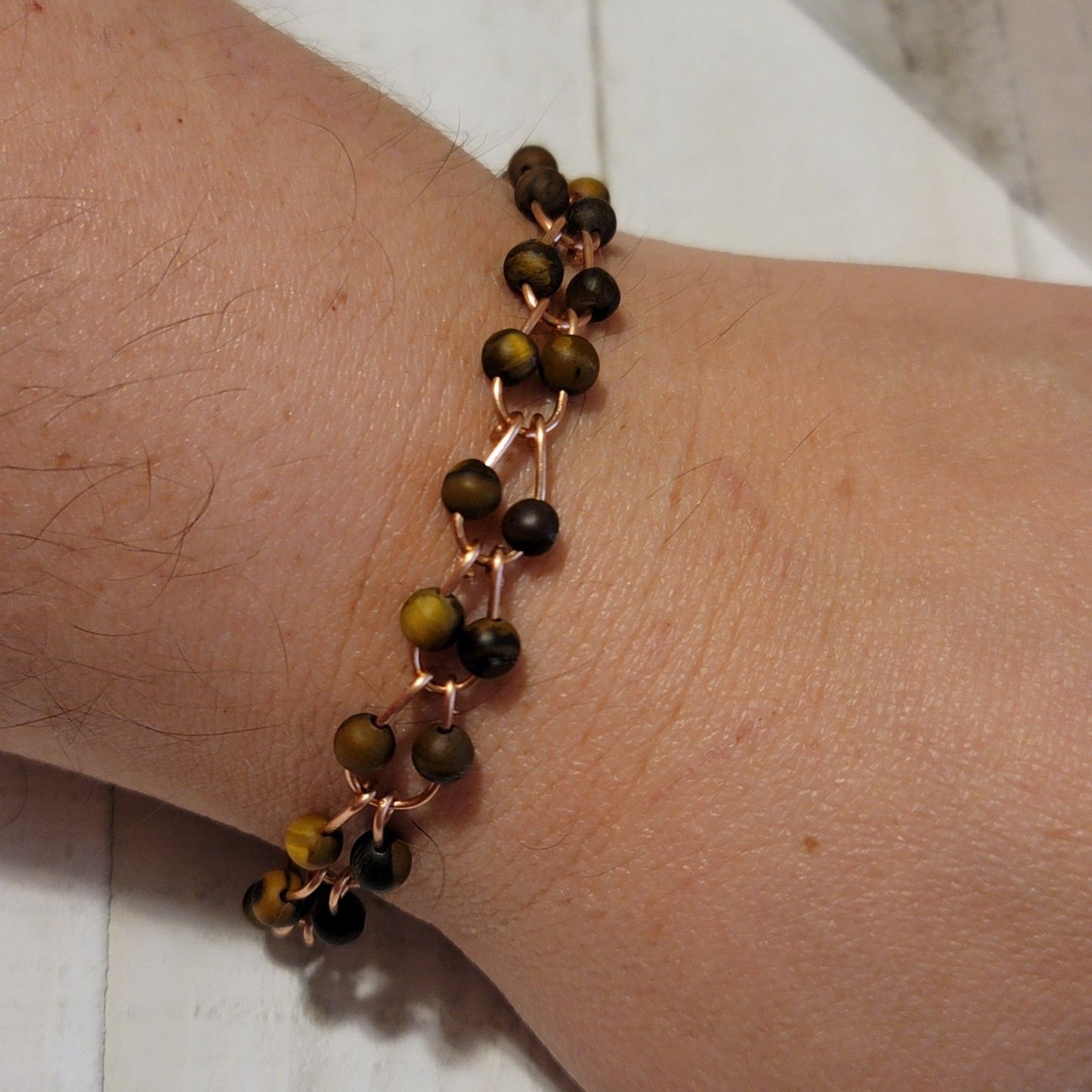 Handmade Copper Horseshoe Link Bracelet with Tiger’s Eye Beads