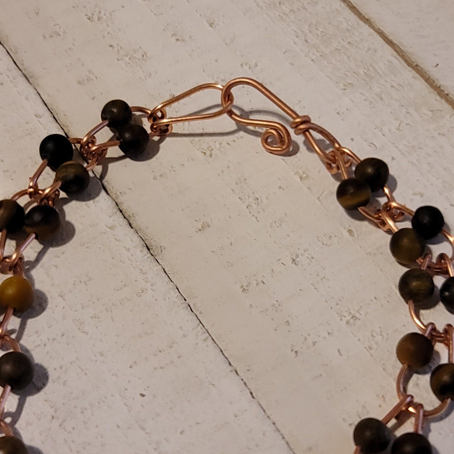 Handmade Copper Horseshoe Link Bracelet with Tiger’s Eye Beads