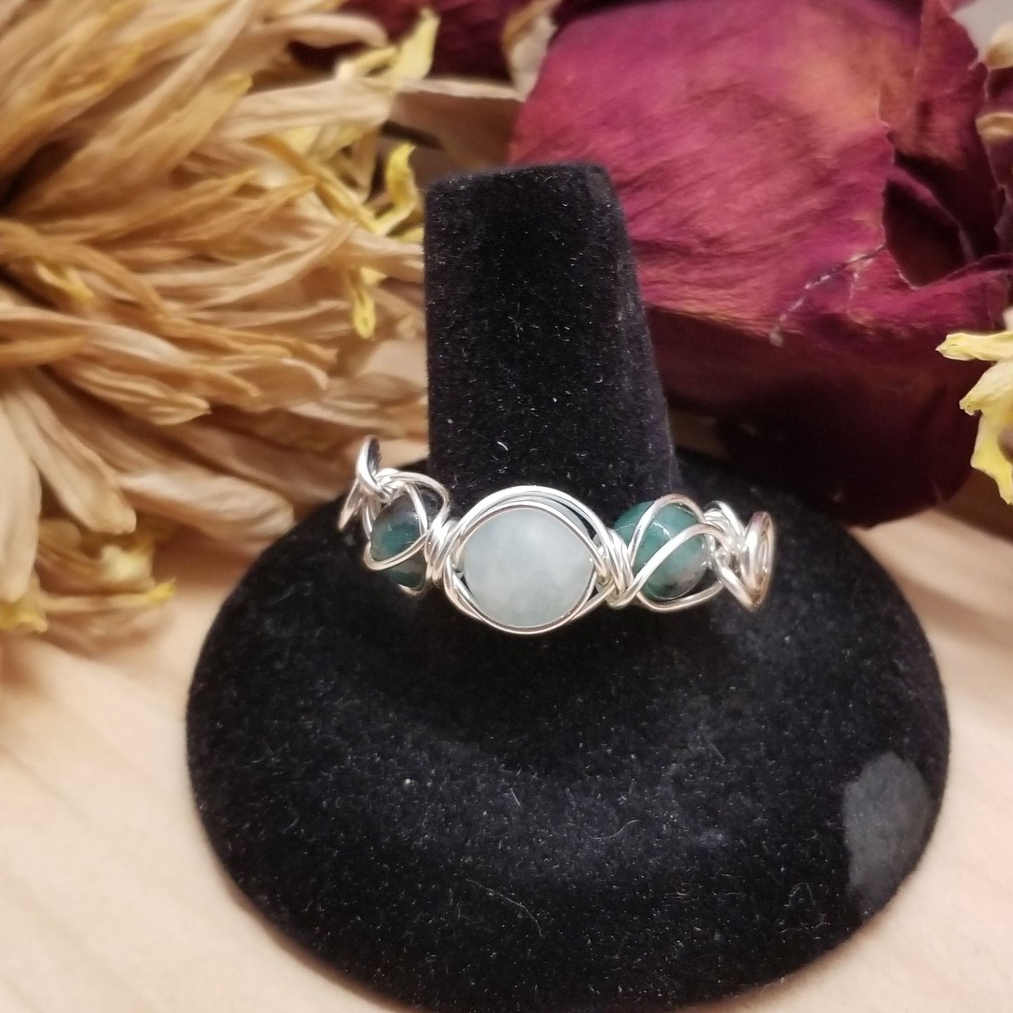 Handmade Wire Wrapped Aquamarine & Emerald Ring – Silver Tone Band