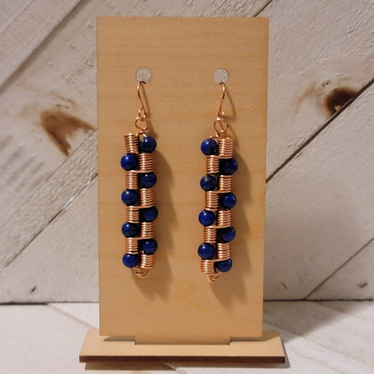 Handmade Copper Coil Bead Earrings – Artisan Dangle Jewelry with Blue Beads