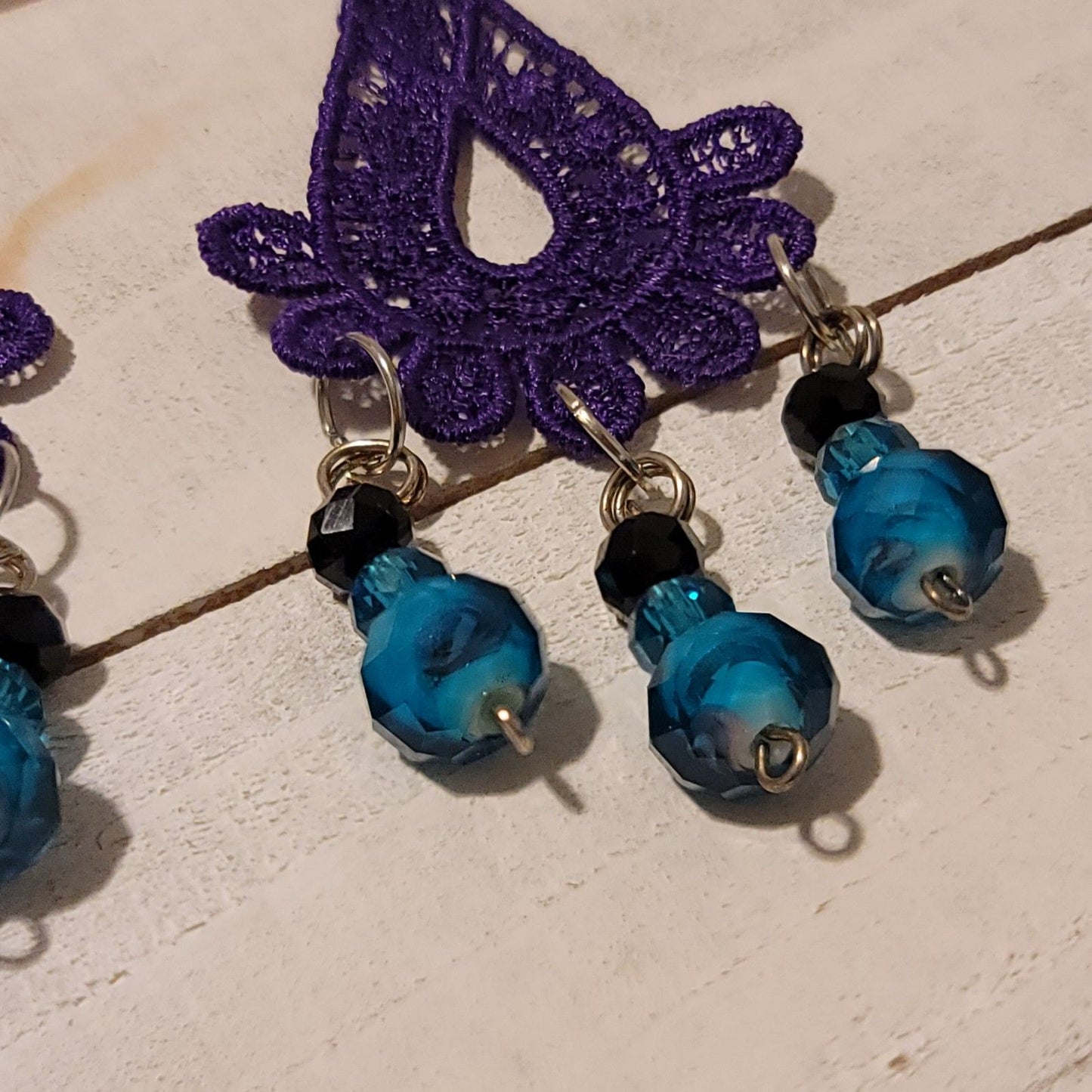Handmade Purple Lace Earrings with Blue Bead Dangles