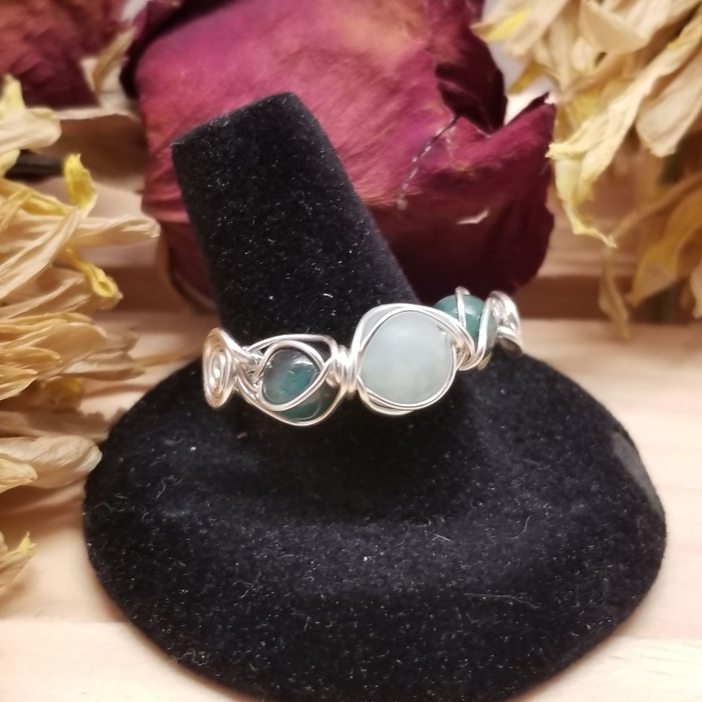 Handmade Wire Wrapped Aquamarine & Emerald Ring – Silver Tone Band