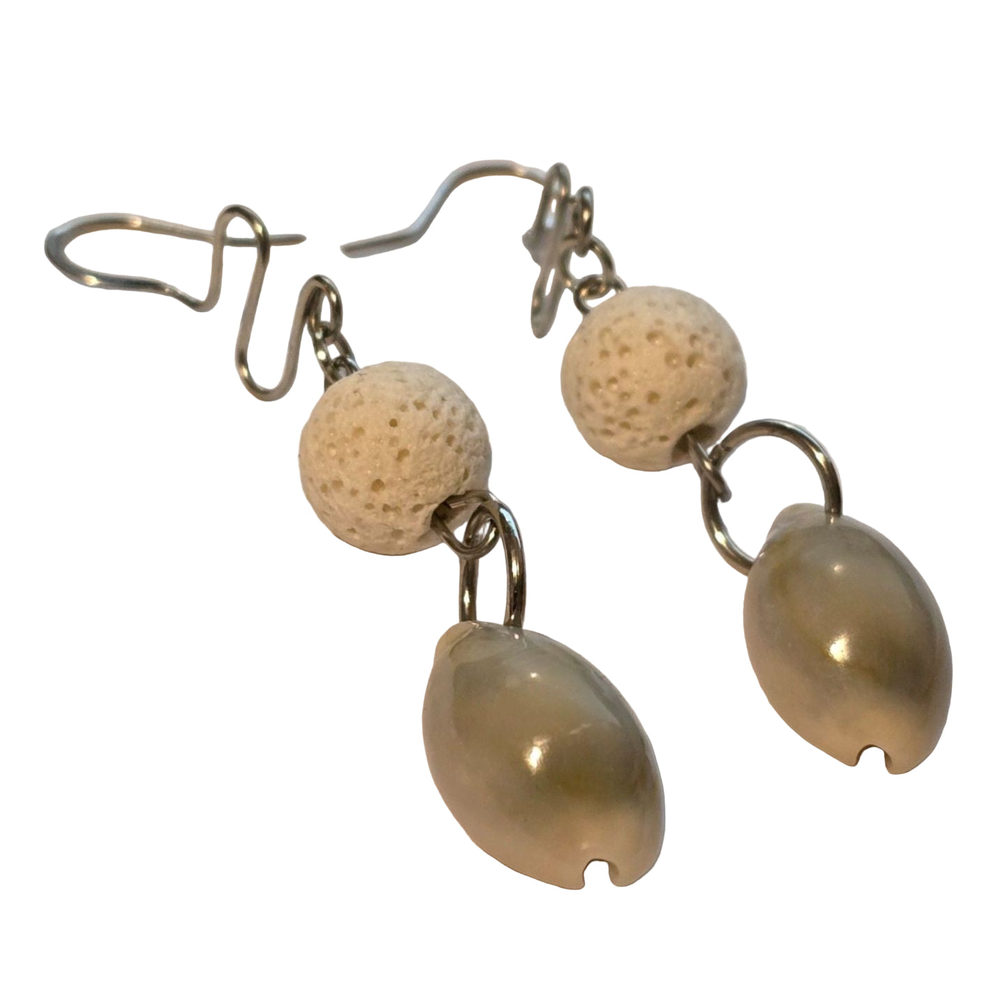 Handmade Puka Shell & White Lava Bead Earrings – Boho Coastal Dangle Jewelry